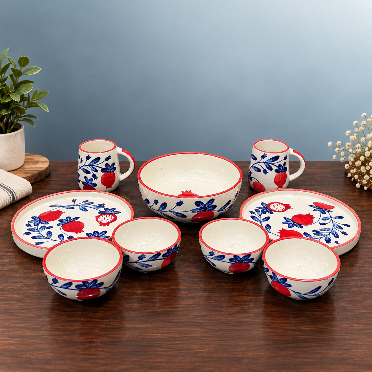 Ceramic Dinner Set for 2 – Handpainted Pomegranate 9 Pcs