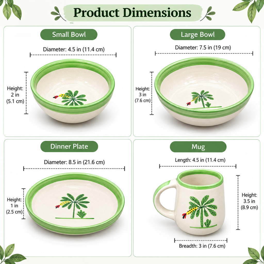 Ceramic Dinner Set for 2 – Handpainted Palm Tree, 9 Pcs