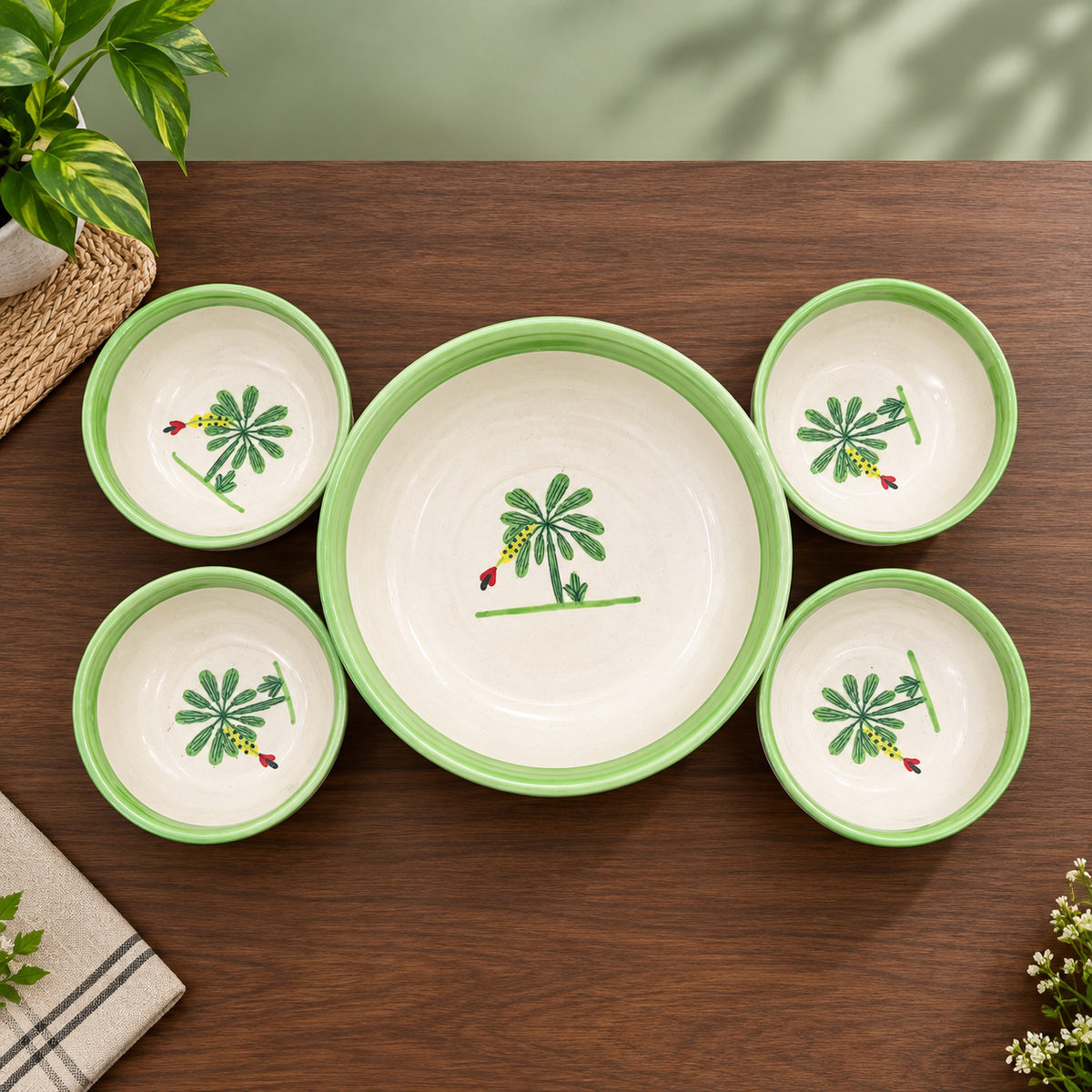 Ceramic Dinner Set for 2 – Handpainted Palm Tree, 9 Pcs