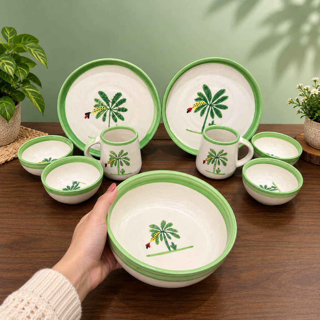 Ceramic Dinner Set for 2 – Handpainted Palm Tree, 9 Pcs
