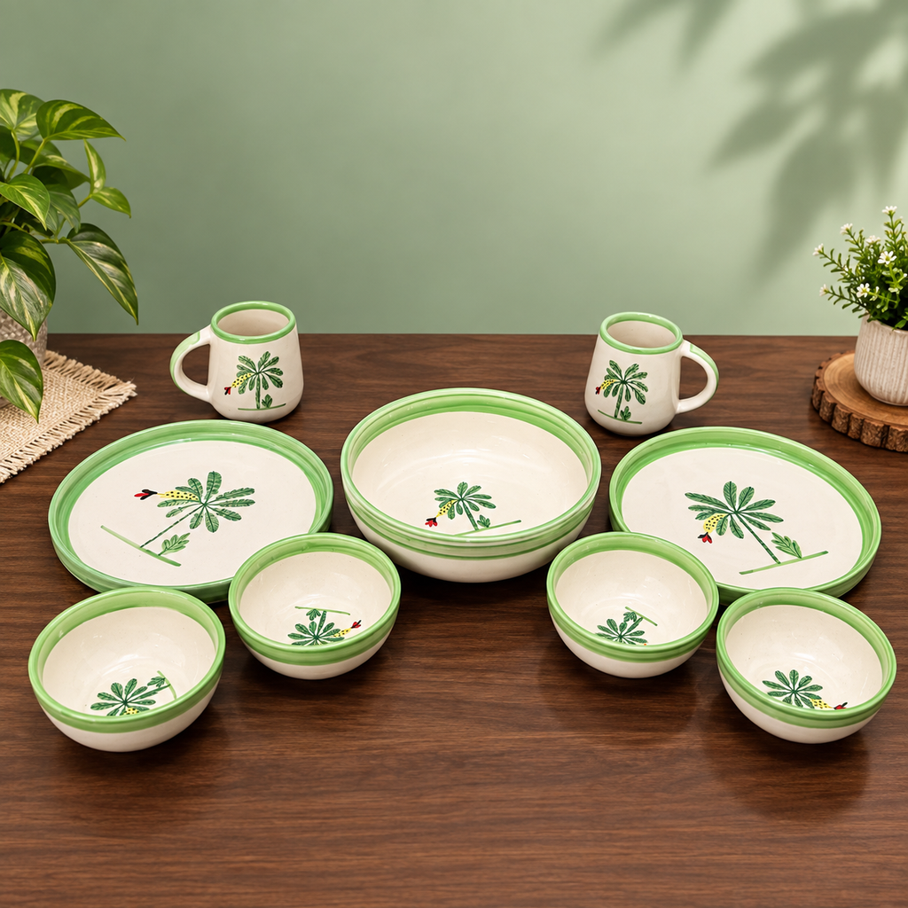 Ceramic Dinner Set for 2 – Handpainted Palm Tree, 9 Pcs