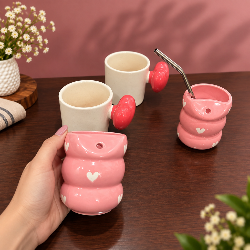 Cute Heart Mug & Tumbler Set of 4 with 2 Straws – Pink