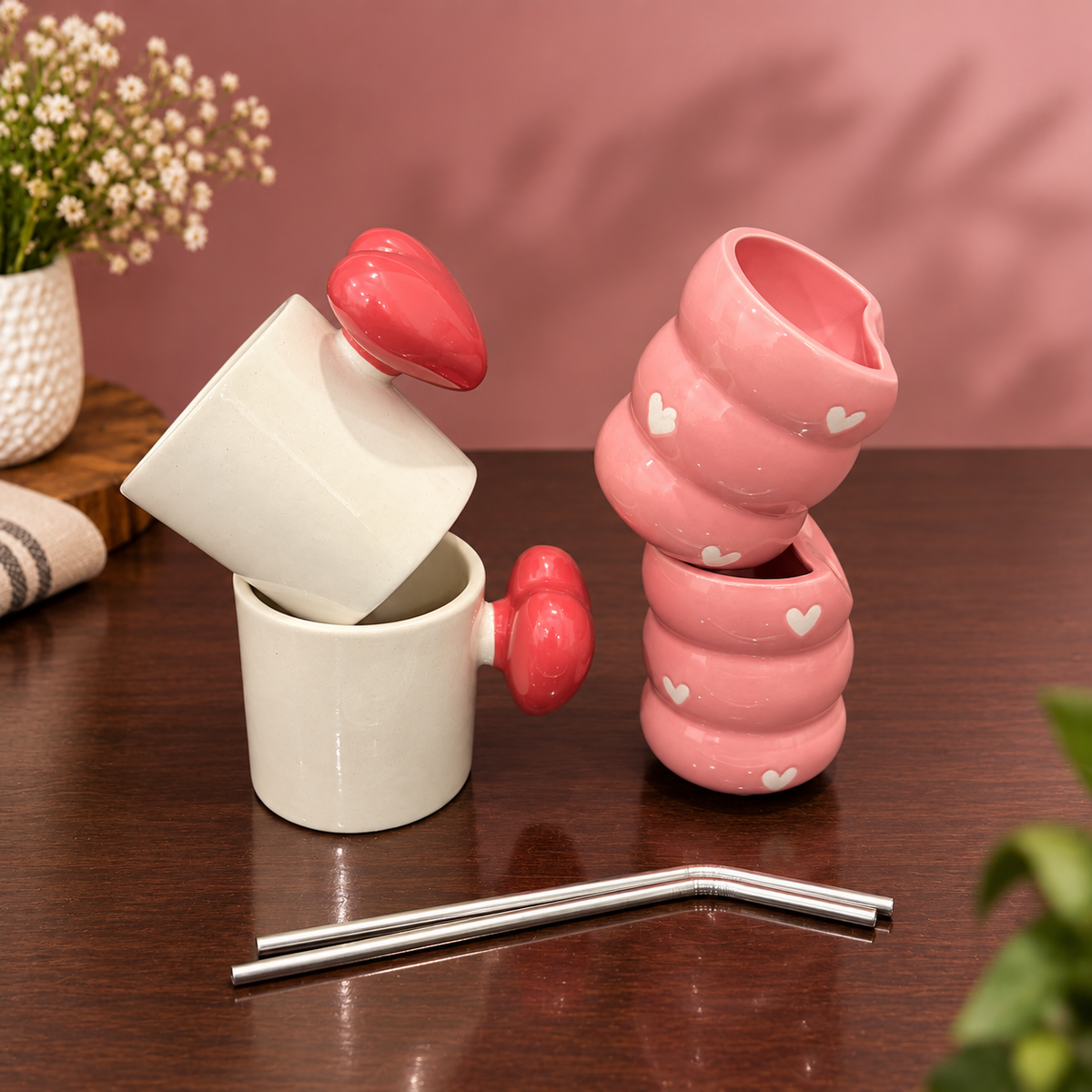 Cute Heart Mug & Tumbler Set of 4 with 2 Straws – Pink
