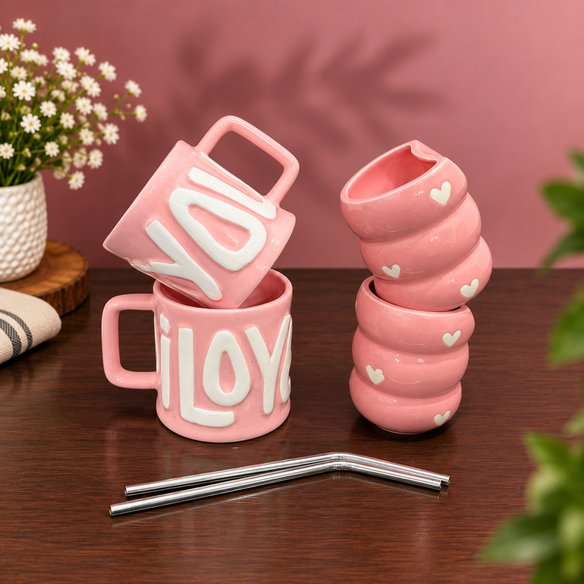 Couple Mug & Tumbler Gift Set – Pink I Love You, 6 Pcs