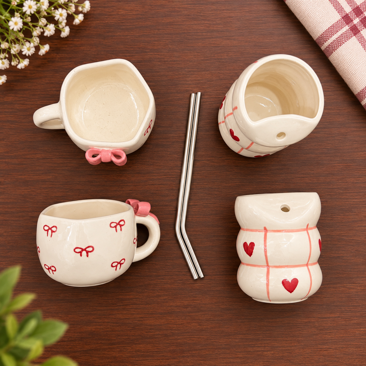 Cute Bow Mug & Heart Tumbler Set of 4 – Coquette, 2 Straws