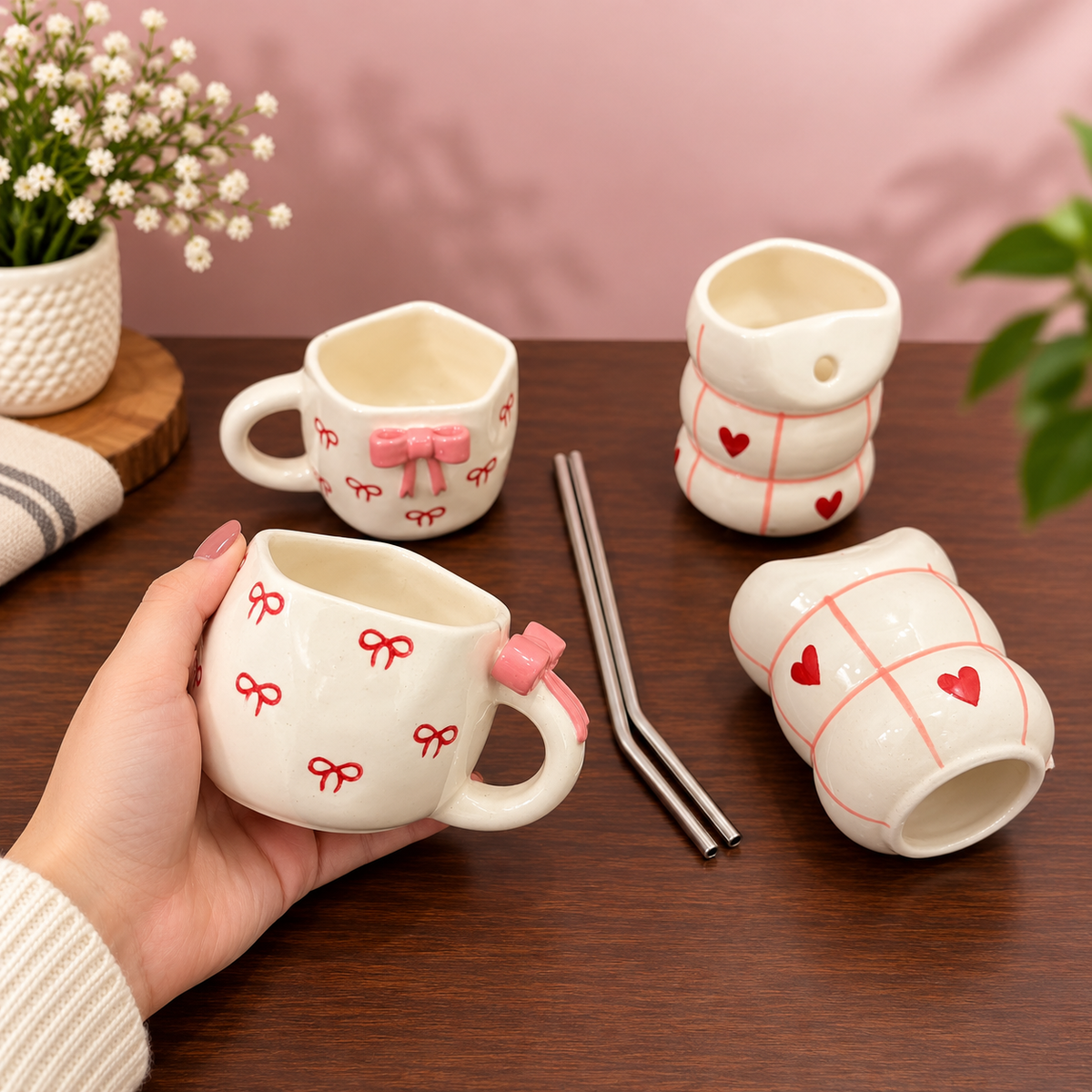 Cute Bow Mug & Heart Tumbler Set of 4 – Coquette, 2 Straws