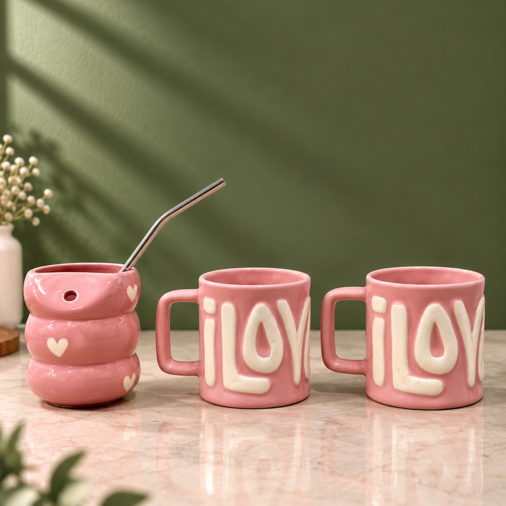 I Love You Pink Ceramic Mug & Sipper Set | Ghar Vibes