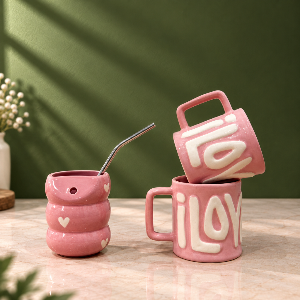 I Love You Pink Ceramic Mug & Sipper Set | Ghar Vibes