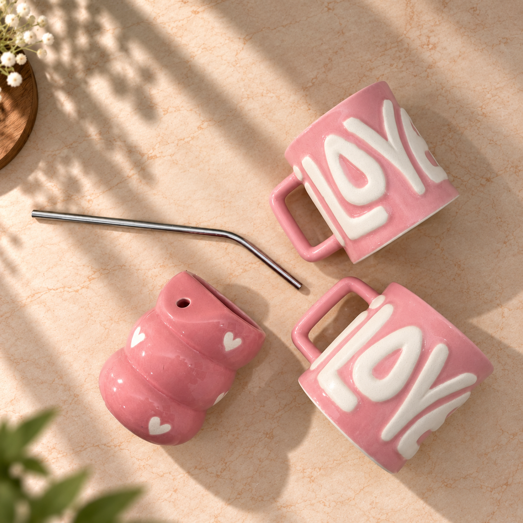 I Love You Pink Ceramic Mug & Sipper Set | Ghar Vibes