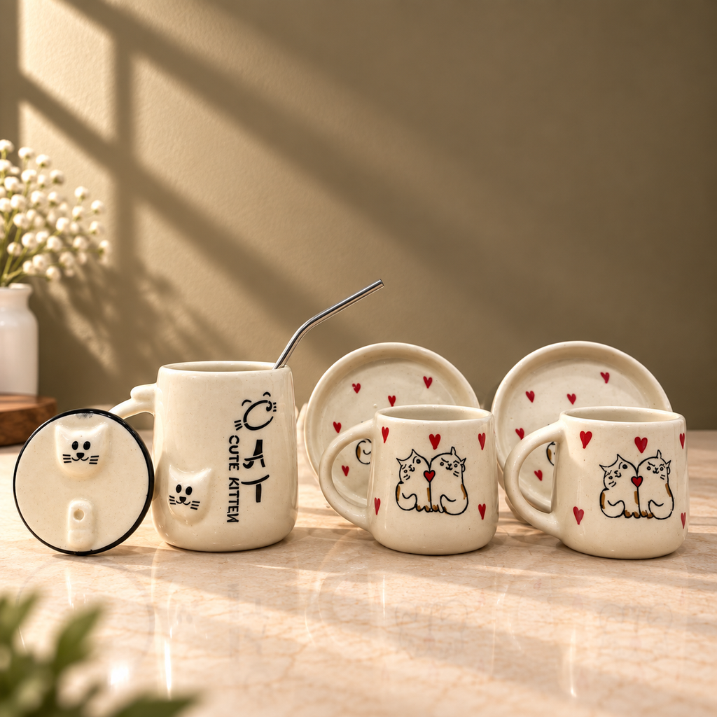 Cute Cat Cup & Sipper Set – Handmade | Ghar Vibes