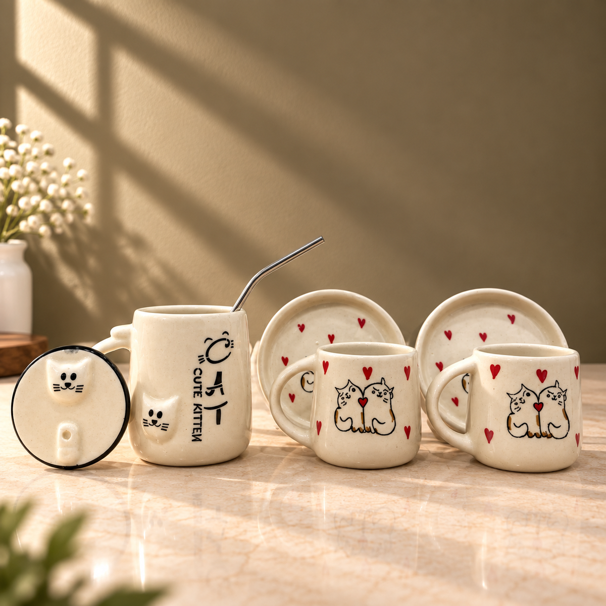 Cute Cat Cup & Sipper Set – Handmade | Ghar Vibes