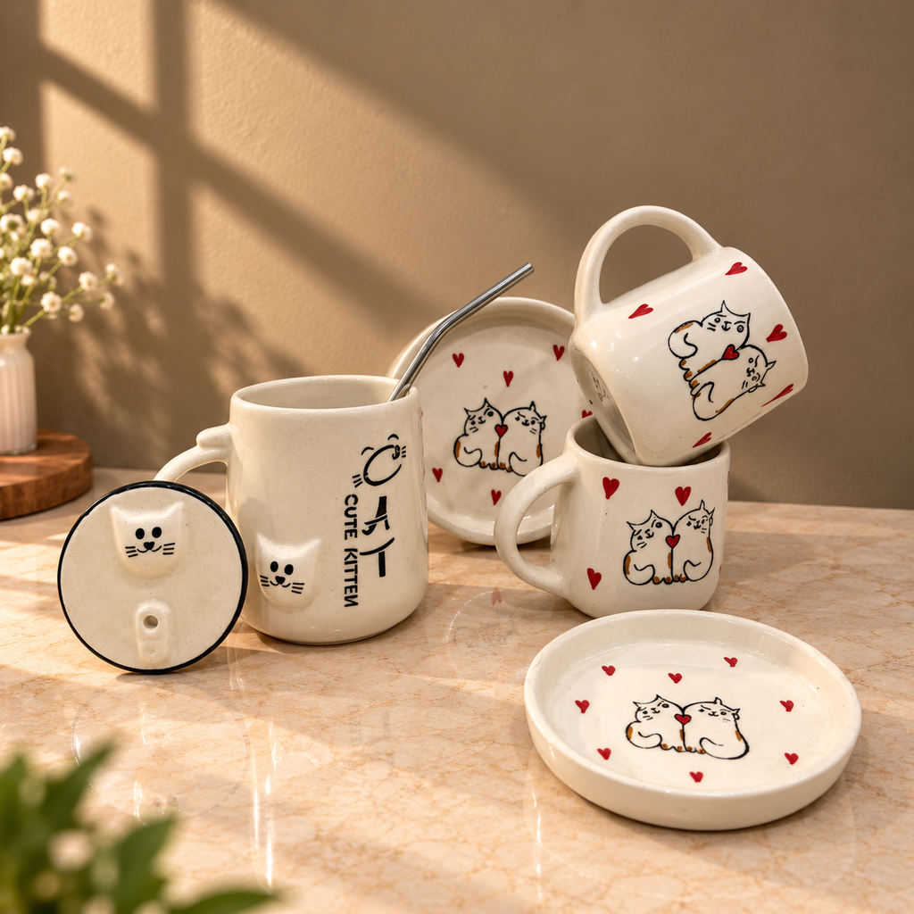 Cute Cat Cup & Sipper Set – Handmade | Ghar Vibes