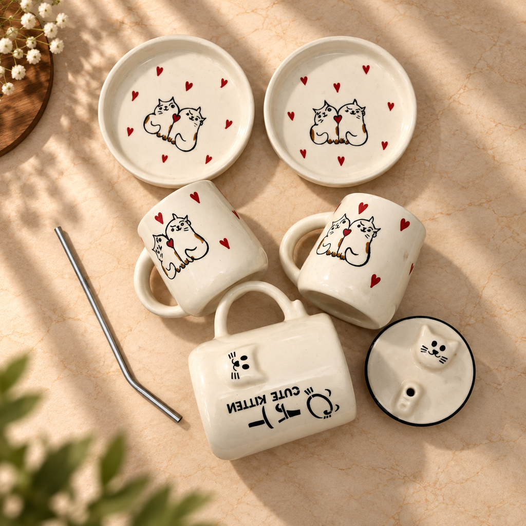 Cute Cat Cup & Sipper Set – Handmade | Ghar Vibes