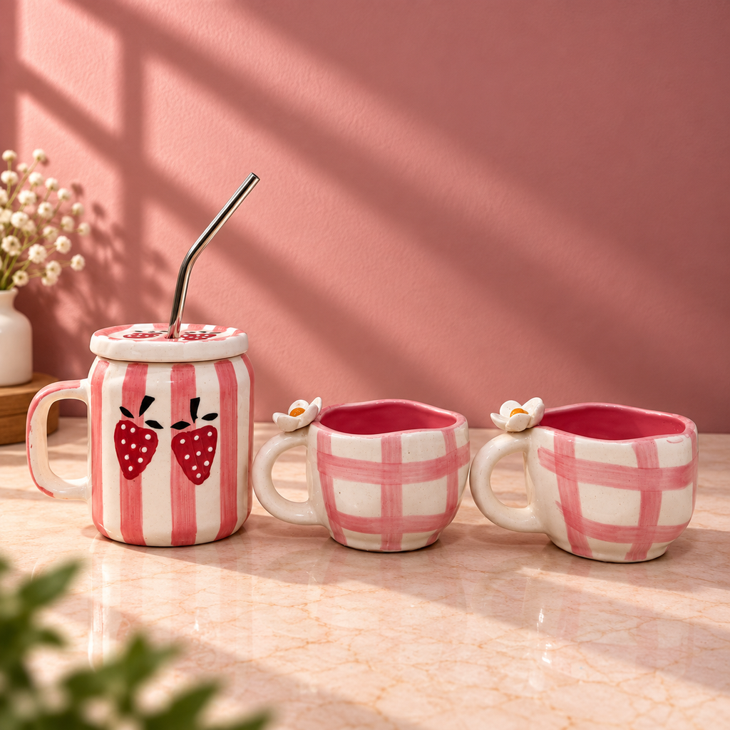 Strawberry Cup & Sipper Set – Handmade | Ghar Vibes