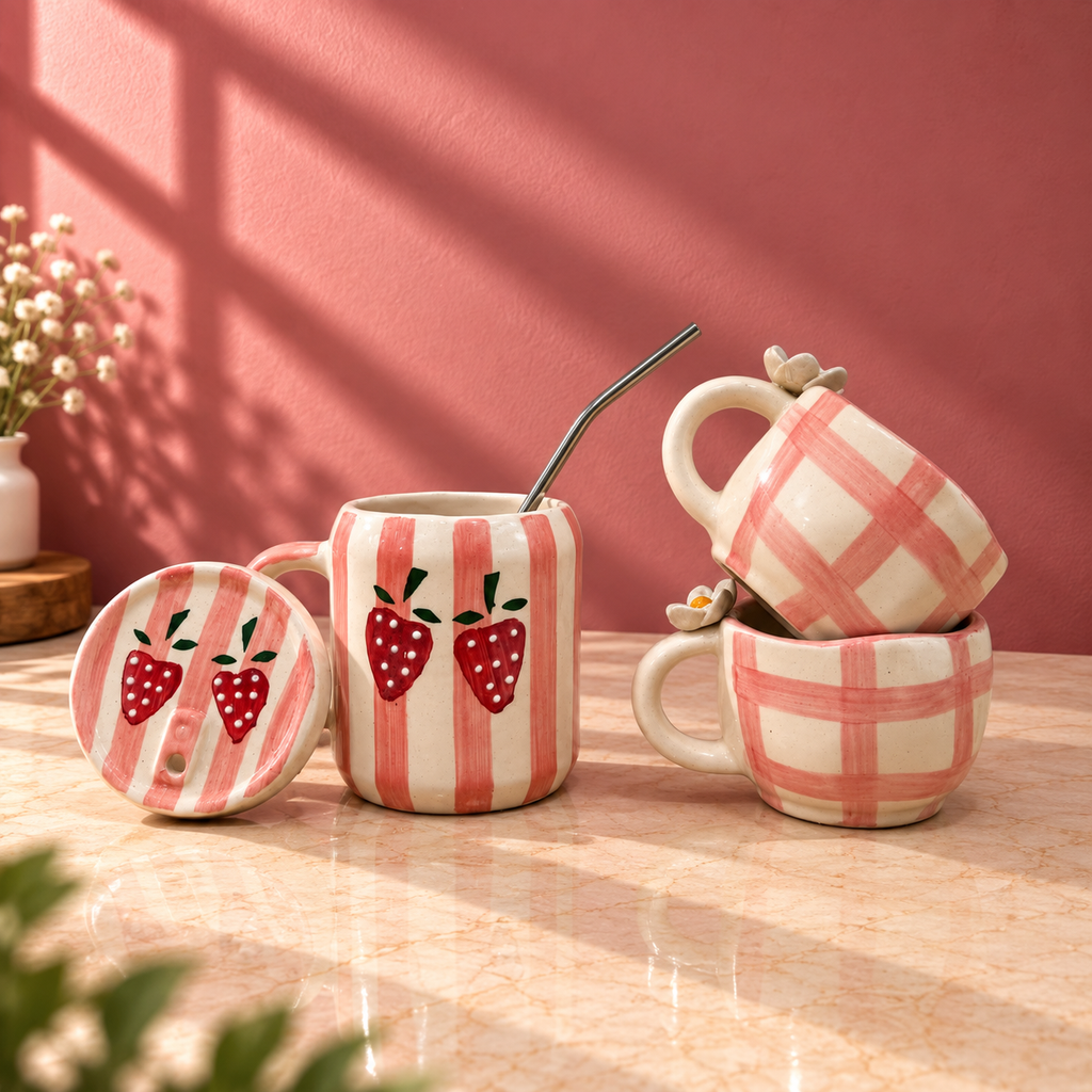 Strawberry Cup & Sipper Set – Handmade | Ghar Vibes