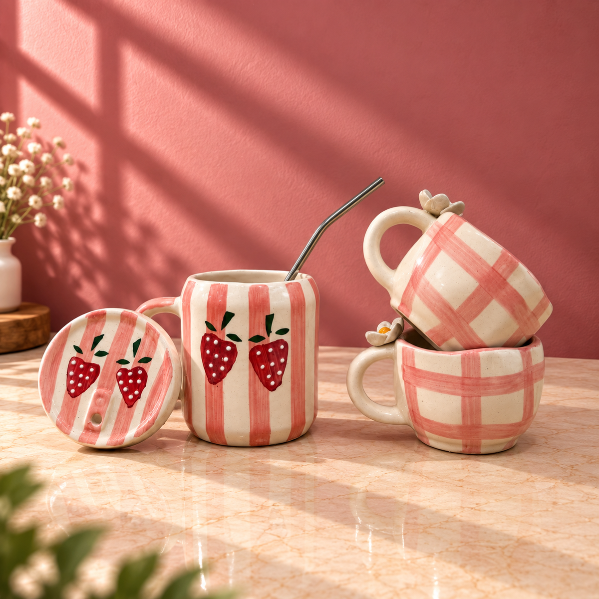 Strawberry Cup & Sipper Set – Handmade | Ghar Vibes
