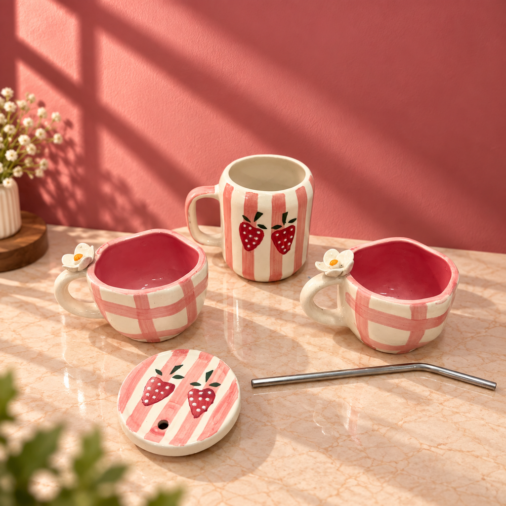 Strawberry Cup & Sipper Set – Handmade | Ghar Vibes