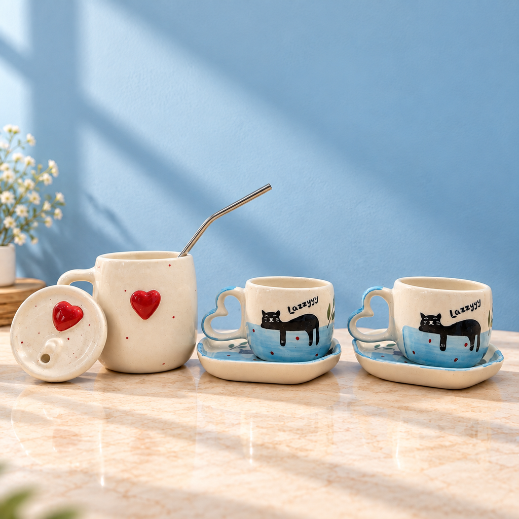 Lazy Cat Cup & Sipper Set – Handmade | Ghar Vibes