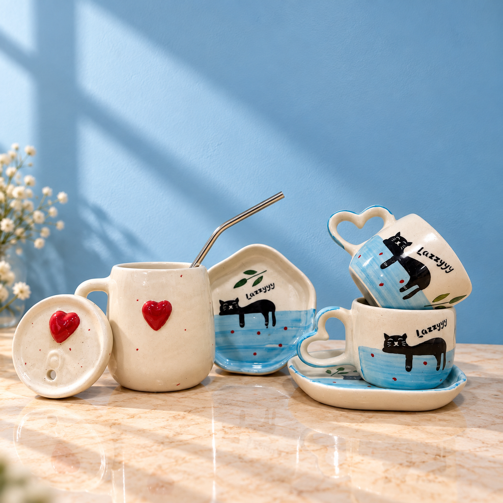 Lazy Cat Cup & Sipper Set – Handmade | Ghar Vibes