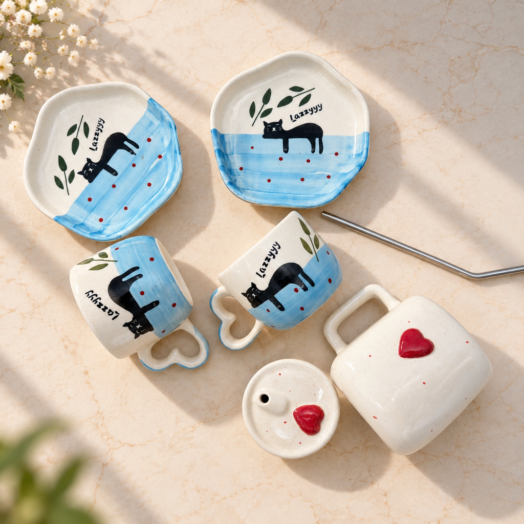 Lazy Cat Cup & Sipper Set – Handmade | Ghar Vibes