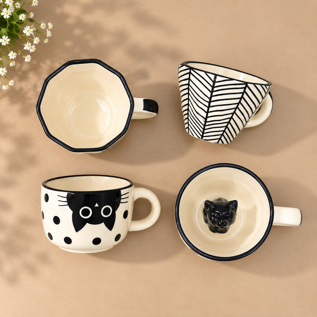 Cat Cappuccino Mug Set of 4 – Cute 3D Ceramic Coffee Mugs