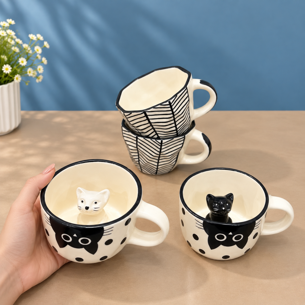 Cat Cappuccino Mug Set of 4 – Cute 3D Ceramic Coffee Mugs
