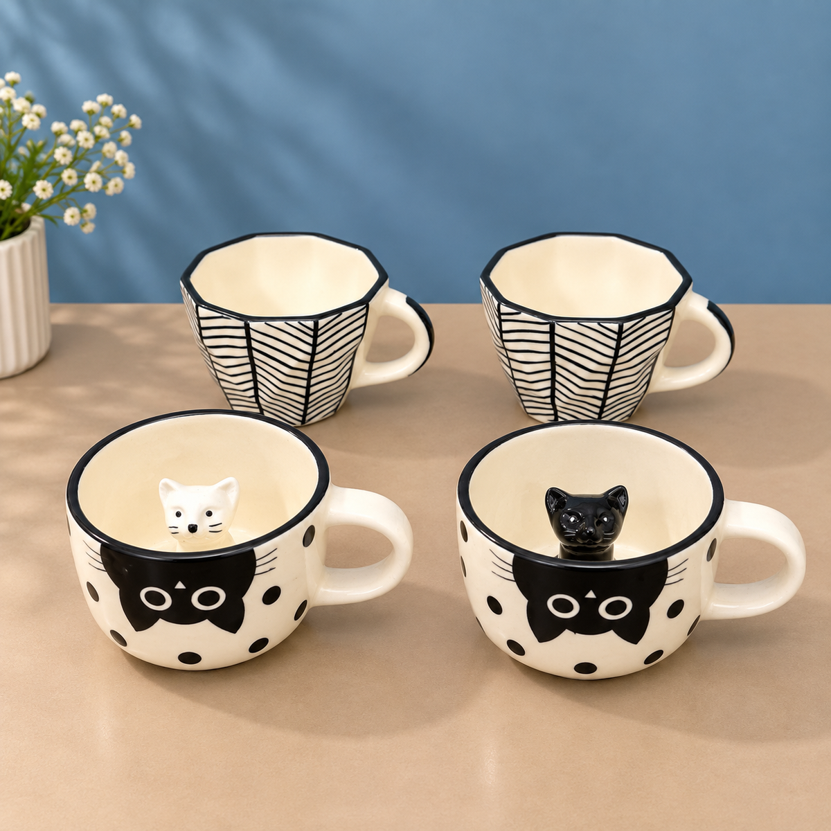 Cat Cappuccino Mug Set of 4 – Cute 3D Ceramic Coffee Mugs