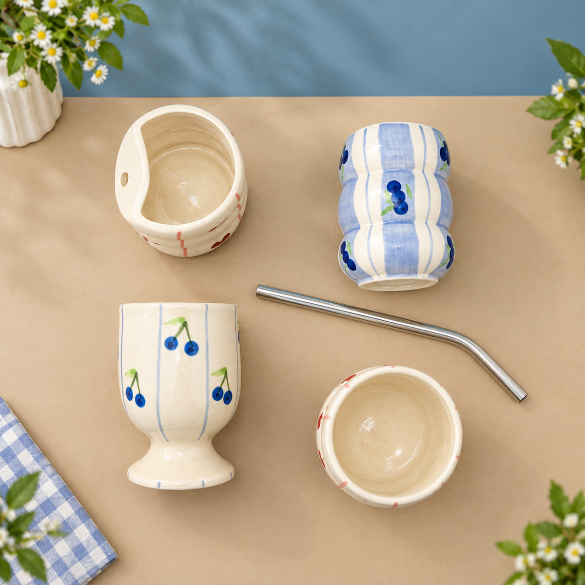 Cute Ceramic Cup Set of 4 – Cherry & Blueberry, 2 Straws
