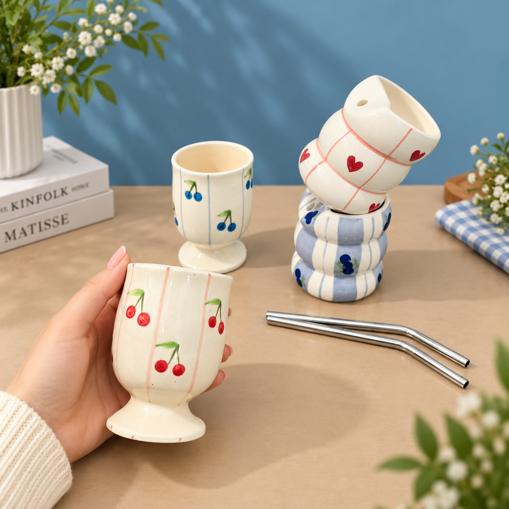 Cute Ceramic Cup Set of 4 – Cherry & Blueberry, 2 Straws