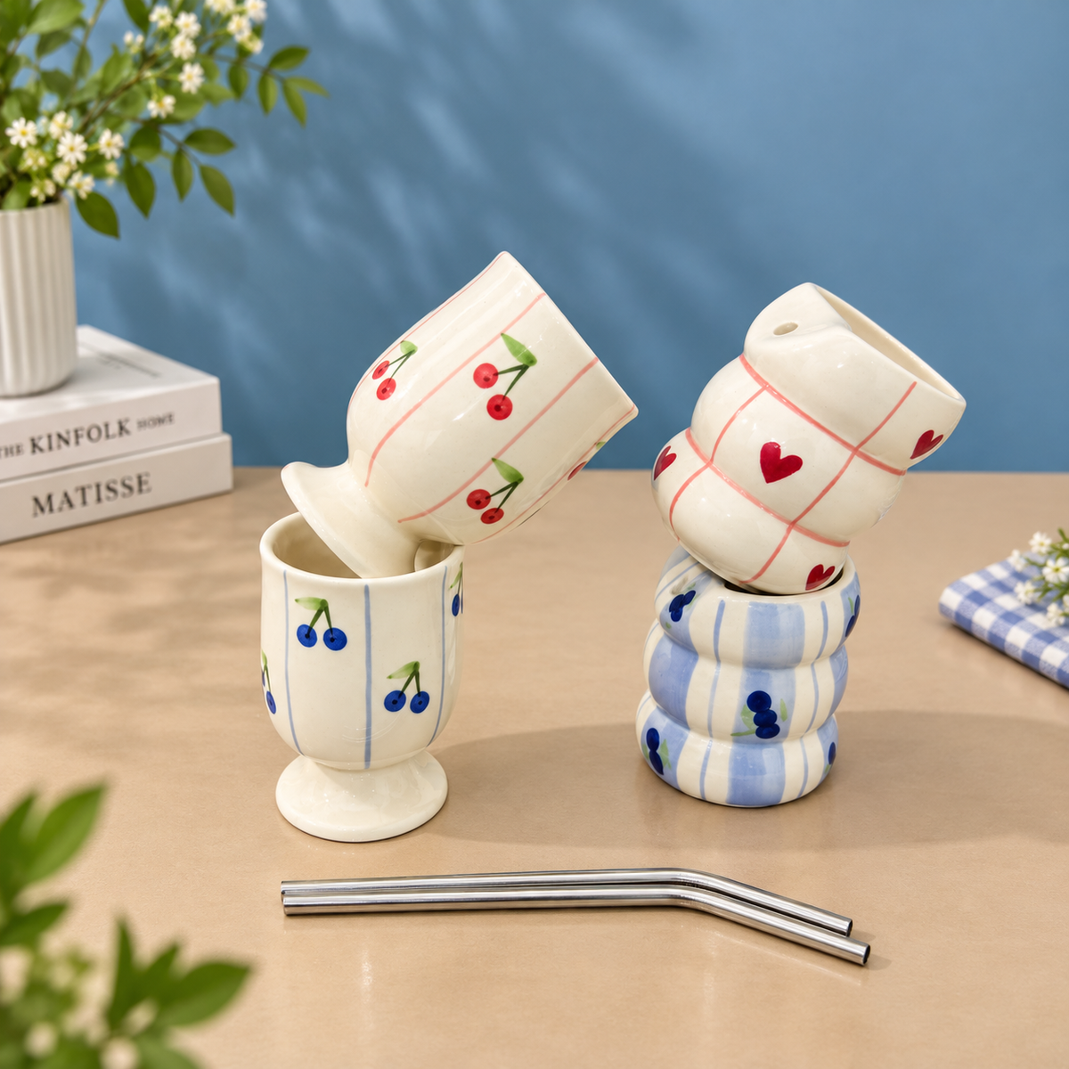 Cute Ceramic Cup Set of 4 – Cherry & Blueberry, 2 Straws