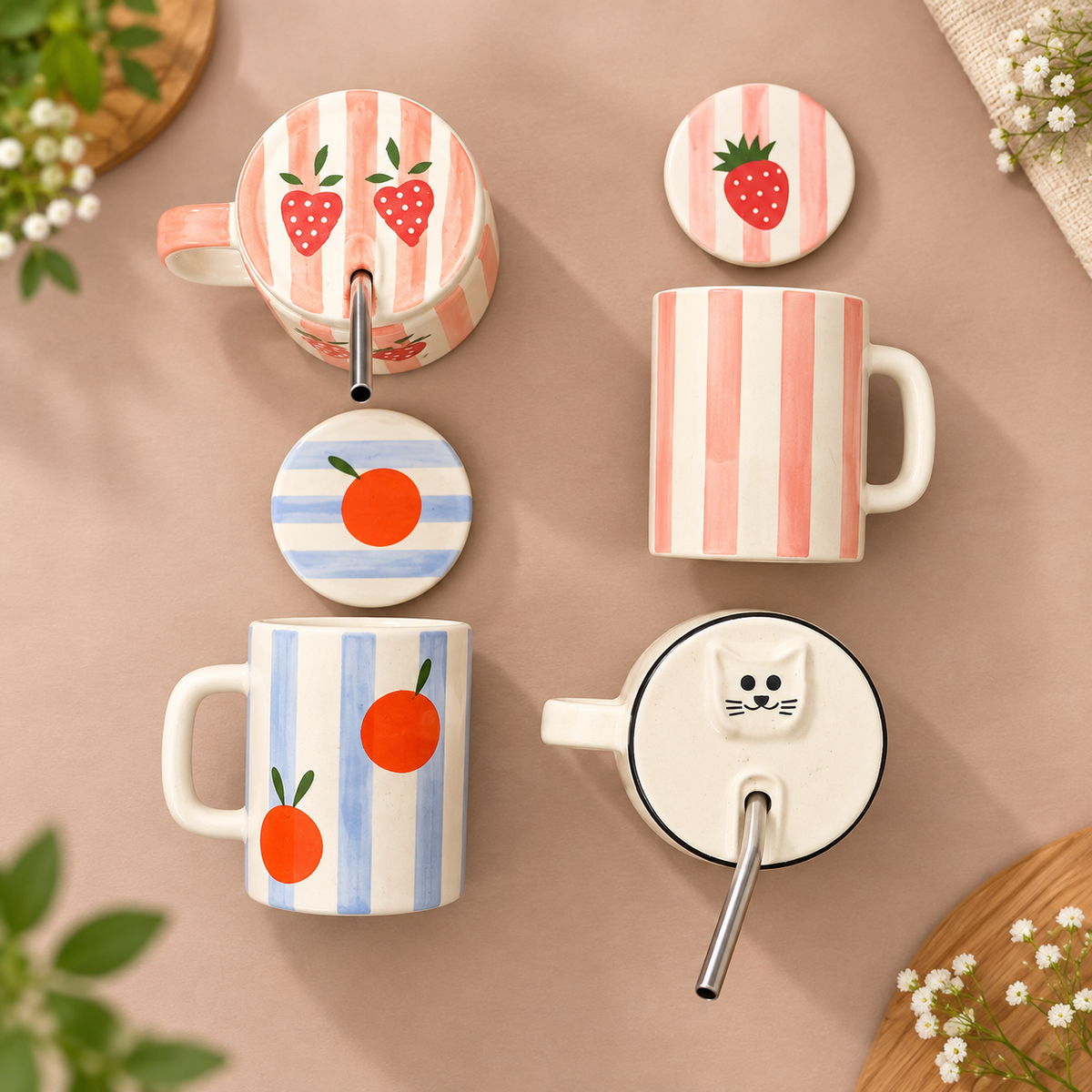 Cute Coffee Mug Set of 4 with Lid & Straw – Ceramic