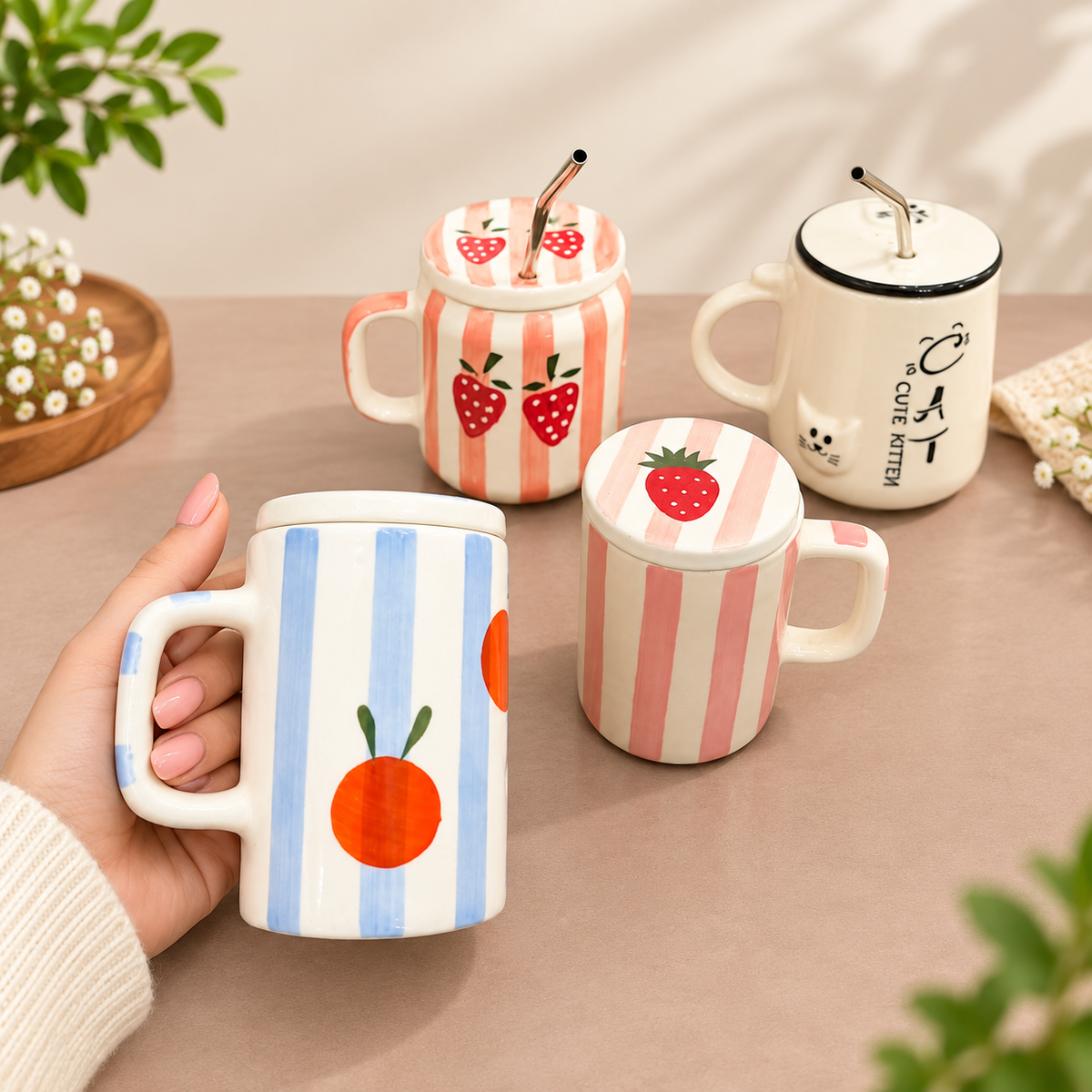 Cute Coffee Mug Set of 4 with Lid & Straw – Ceramic