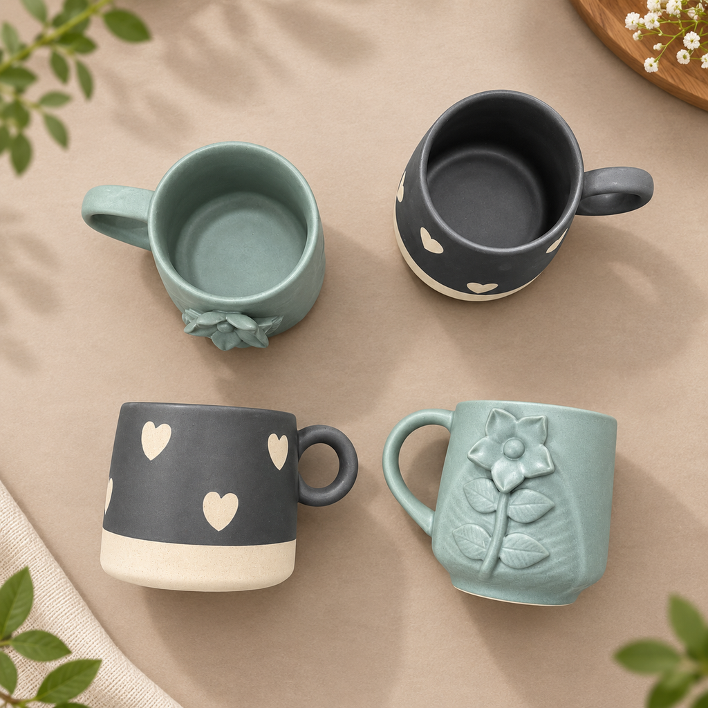 Aesthetic Coffee Mug Set of 4 – Embossed Flower & Heart