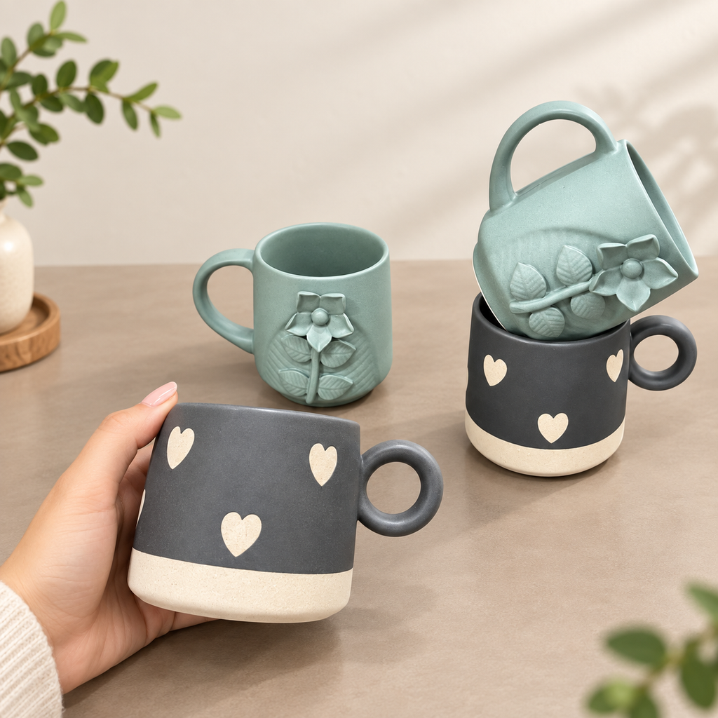 Aesthetic Coffee Mug Set of 4 – Embossed Flower & Heart