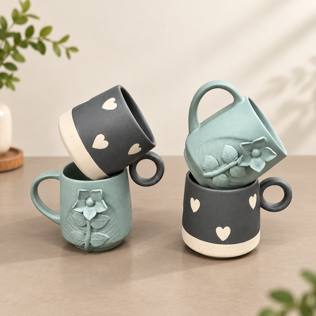 Aesthetic Coffee Mug Set of 4 – Embossed Flower & Heart