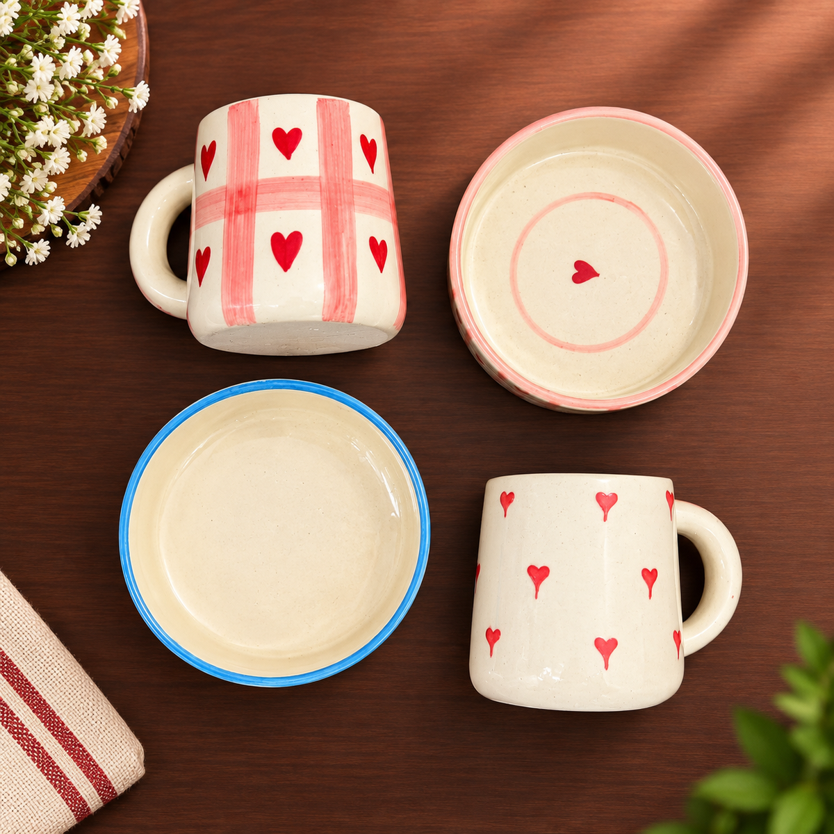 Heart Mug & Bowl Set of 4 – Cute Ceramic Breakfast Set