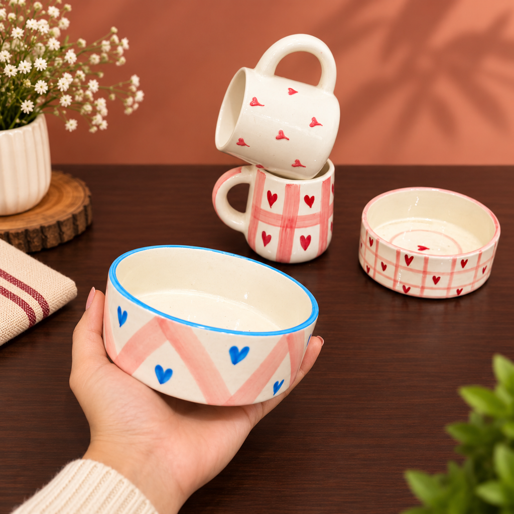 Heart Mug & Bowl Set of 4 – Cute Ceramic Breakfast Set