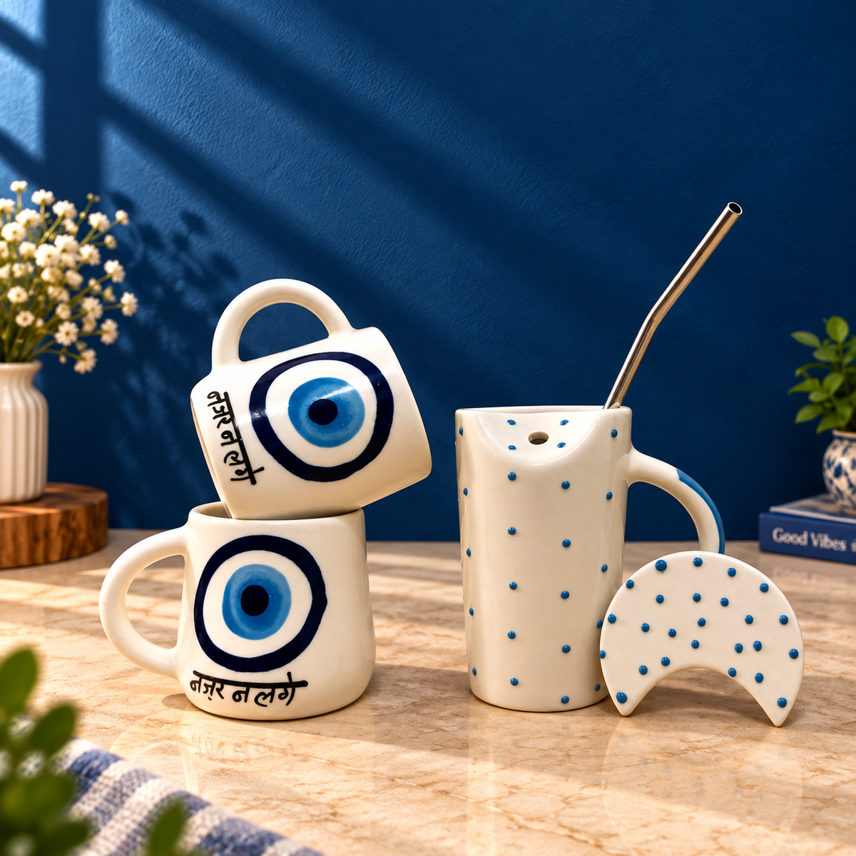 Evil Eye Nazar Ceramic Mug & Sipper Set | Ghar Vibes