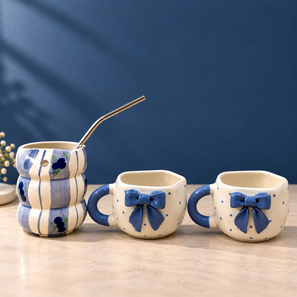 Blue Ceramic Mug & Sipper Combo – Handmade | Ghar Vibes