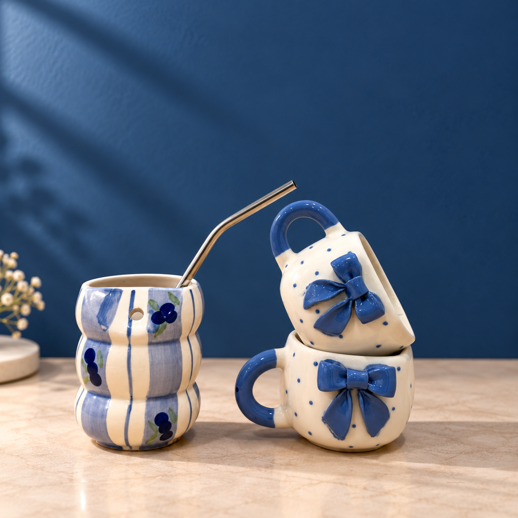 Blue Ceramic Mug & Sipper Combo – Handmade | Ghar Vibes