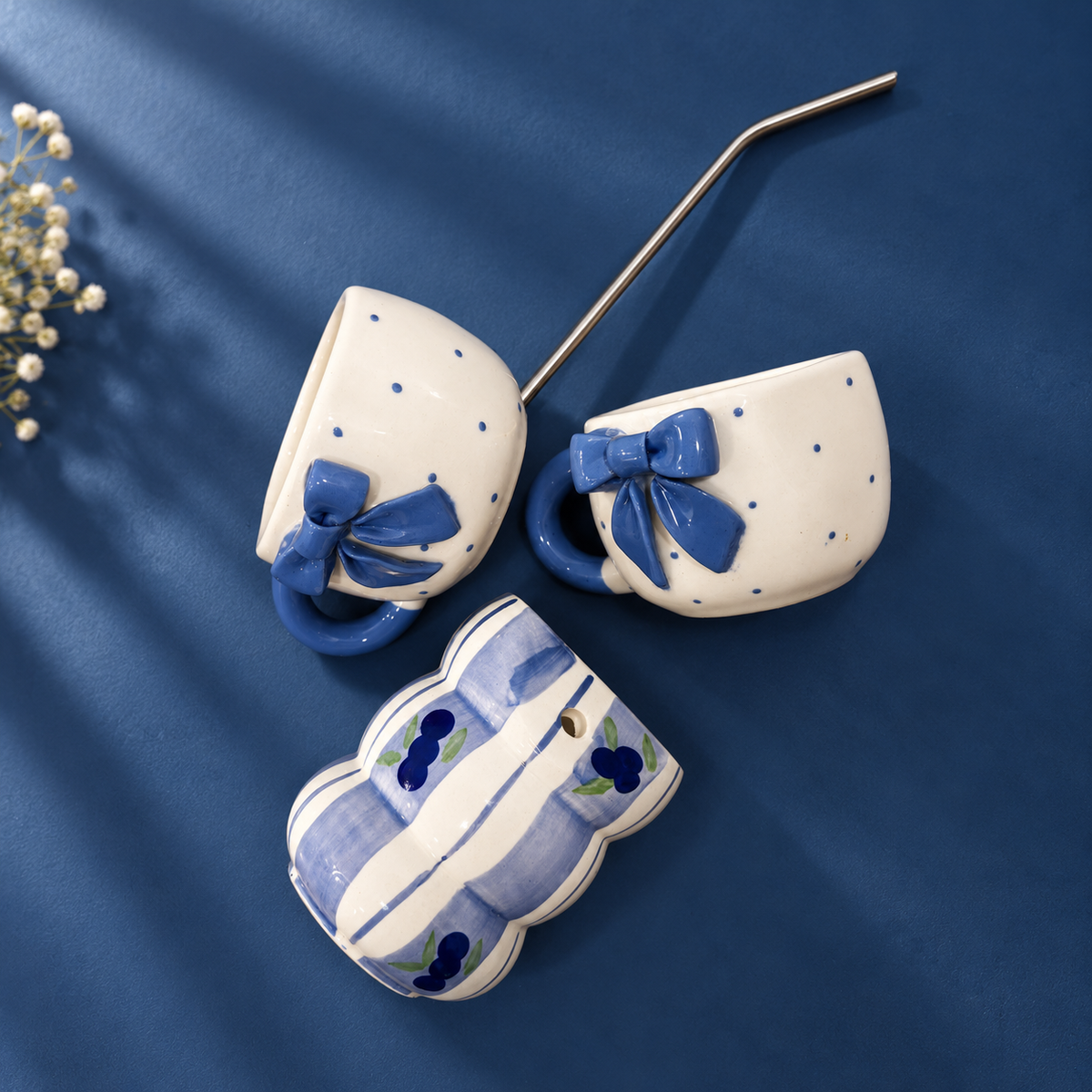 Blue Ceramic Mug & Sipper Combo – Handmade | Ghar Vibes