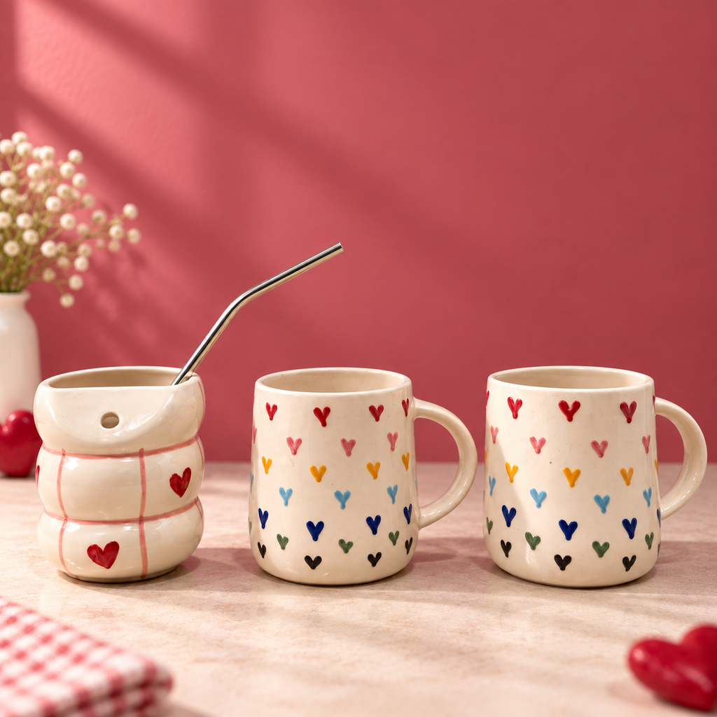 Heart Ceramic Mug & Sipper Combo – Handmade | Ghar Vibes