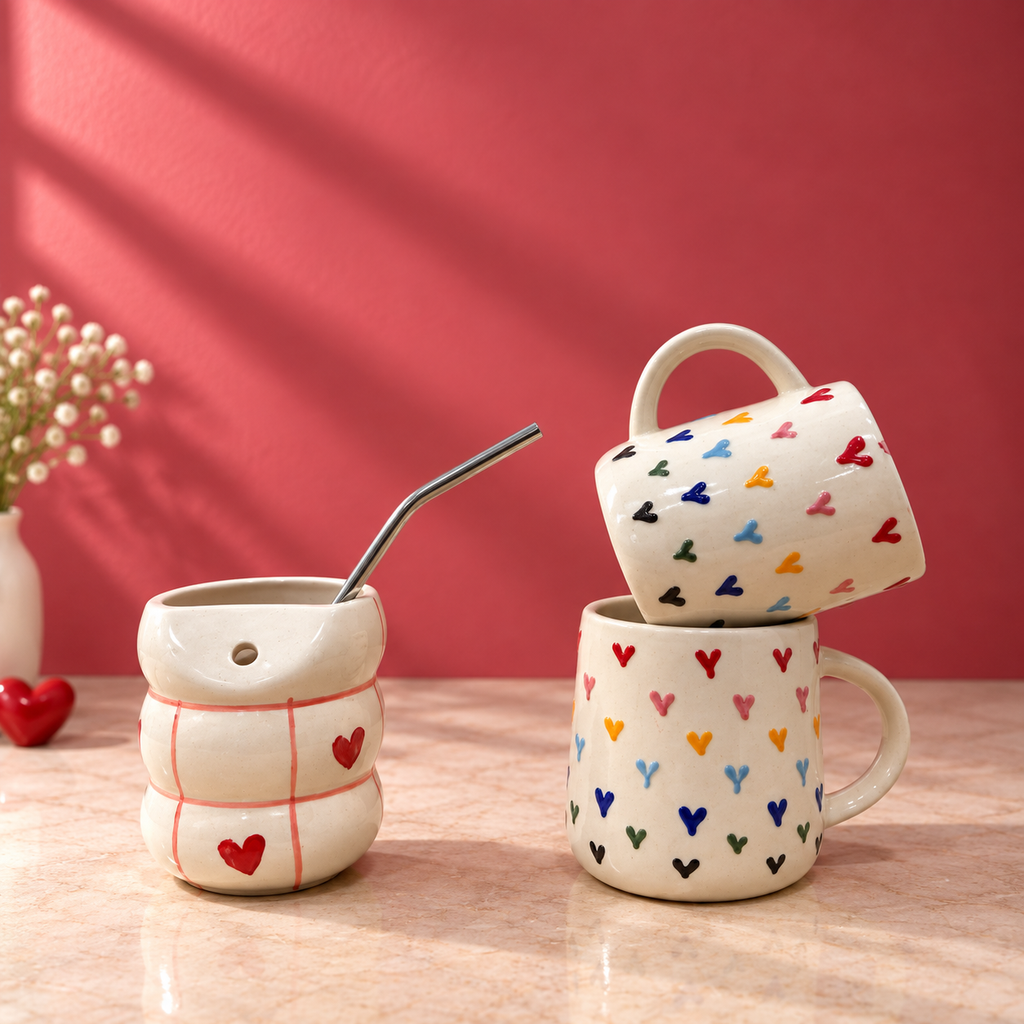 Heart Ceramic Mug & Sipper Combo – Handmade | Ghar Vibes