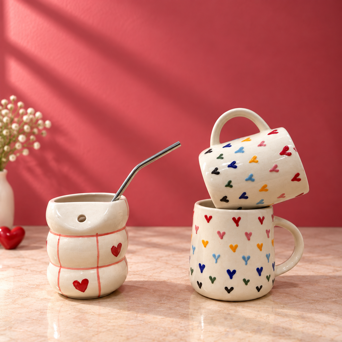 Heart Ceramic Mug & Sipper Combo – Handmade | Ghar Vibes