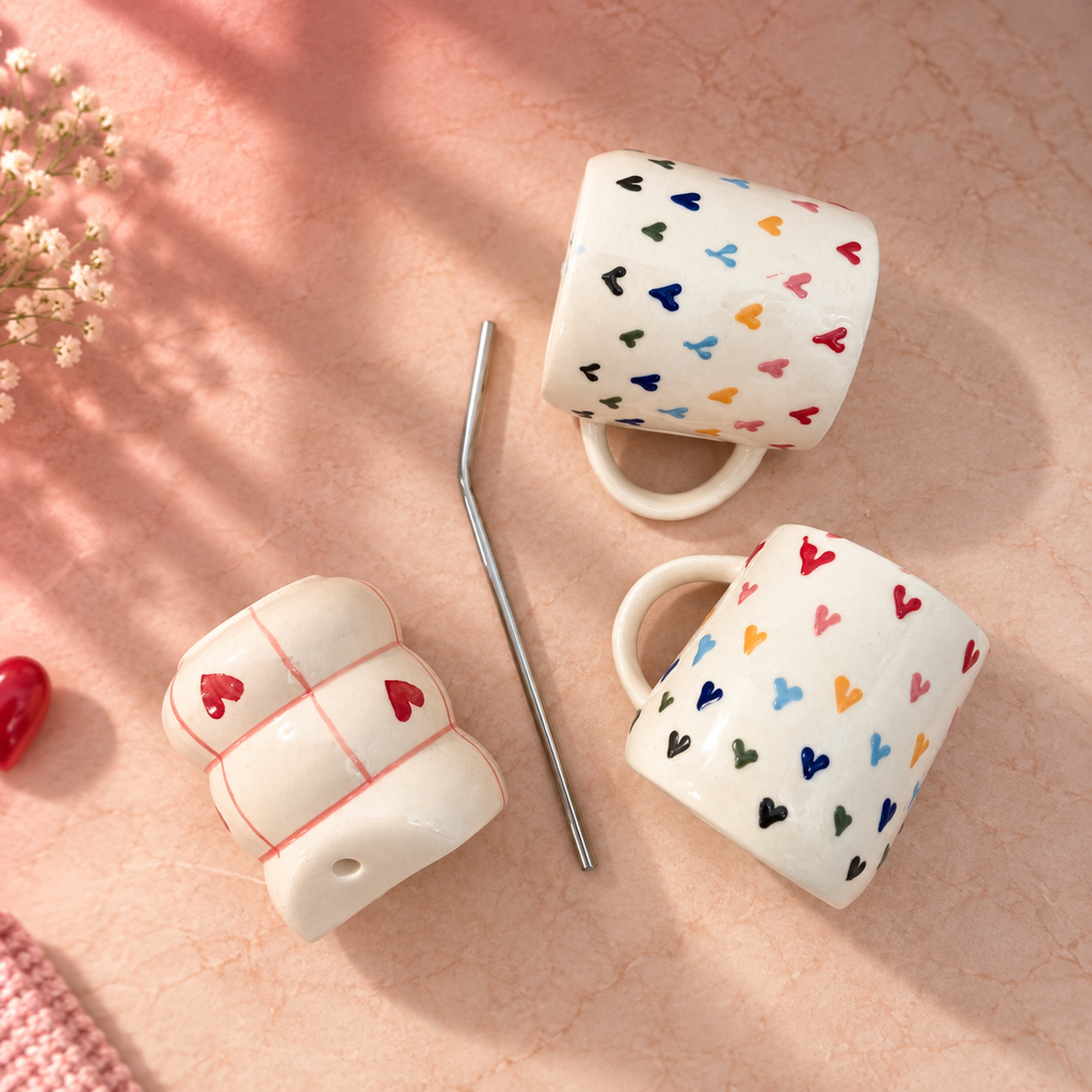 Heart Ceramic Mug & Sipper Combo – Handmade | Ghar Vibes