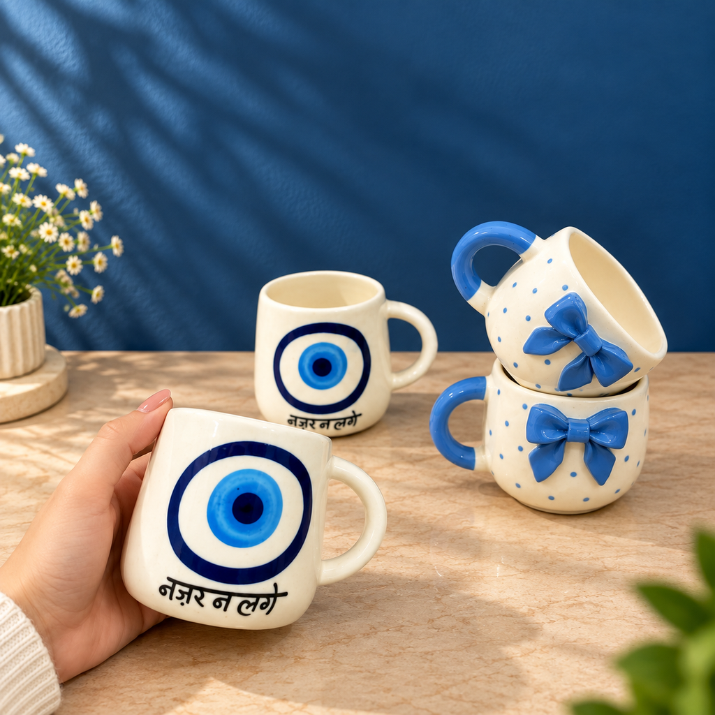 Evil Eye Coffee Mug Set of 4 – Nazar & Blue Bow, Ceramic