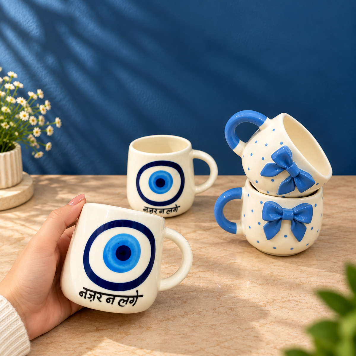 Evil Eye Coffee Mug Set of 4 – Nazar & Blue Bow, Ceramic