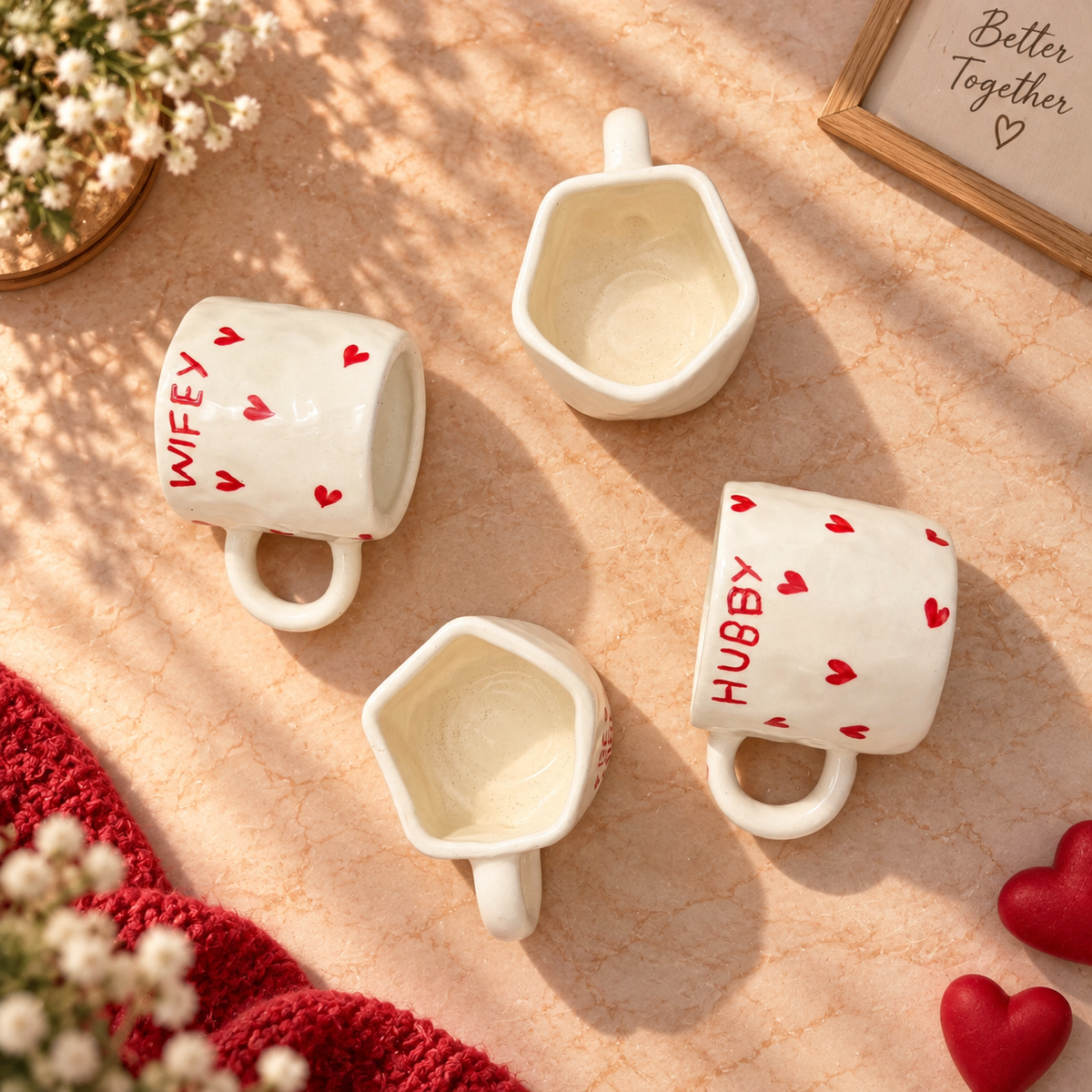 Hubby & Wifey Couple Mug Set of 4 – Heart, Wedding Gift