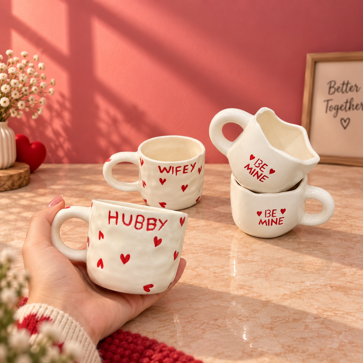 Hubby & Wifey Couple Mug Set of 4 – Heart, Wedding Gift