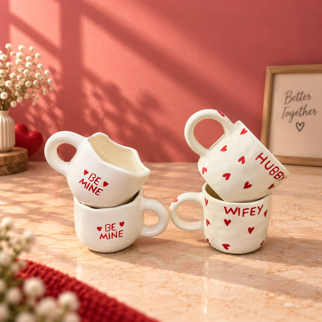 Hubby & Wifey Couple Mug Set of 4 – Heart, Wedding Gift